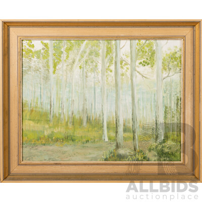 Viola Allen (20th Century, American, 1906-1997), Forest Path (1976), Lovely Original Oil on Masonite, 48.5 x 60 cm (frame)