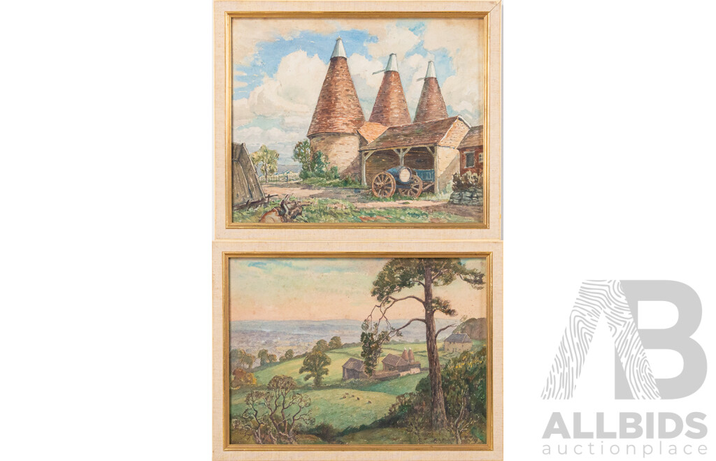 Henry Samuel Merritt, (19/20th Centuries, British, 1884-1963), Farmyard & Oast Houses & The Weald, Pair of Original Vintage Watercolours, 35.5 x 41 cm (frame largest) (2)