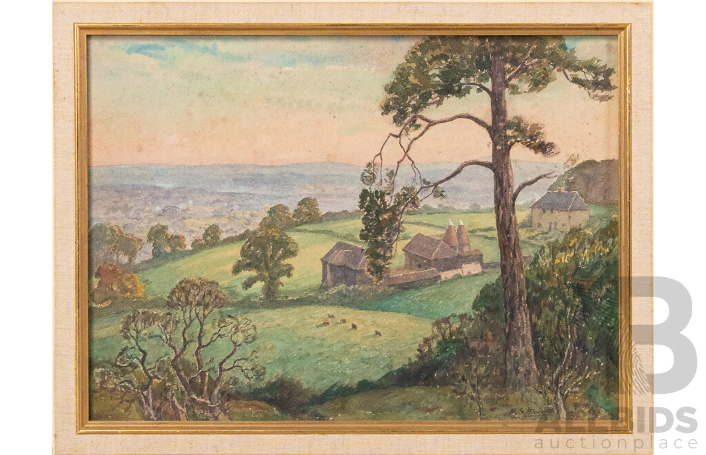 Henry Samuel Merritt, (19/20th Centuries, British, 1884-1963), Farmyard & Oast Houses & The Weald, Pair of Original Vintage Watercolours, 35.5 x 41 cm (frame largest) (2)