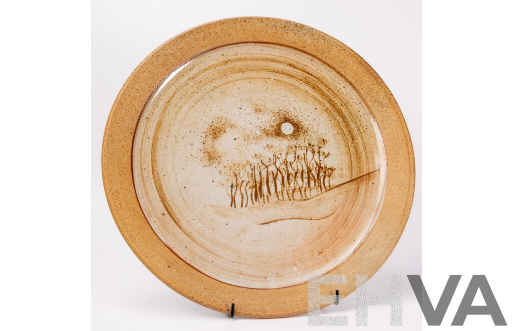 Large Stoneware Charger Brushed Iron and Ash Landscape Design to Centre.