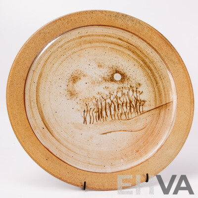 Large Stoneware Charger Brushed Iron and Ash Landscape Design to Centre. Large Stoneware Charger Brushed Iron and Ash Landscape Design to Centre.