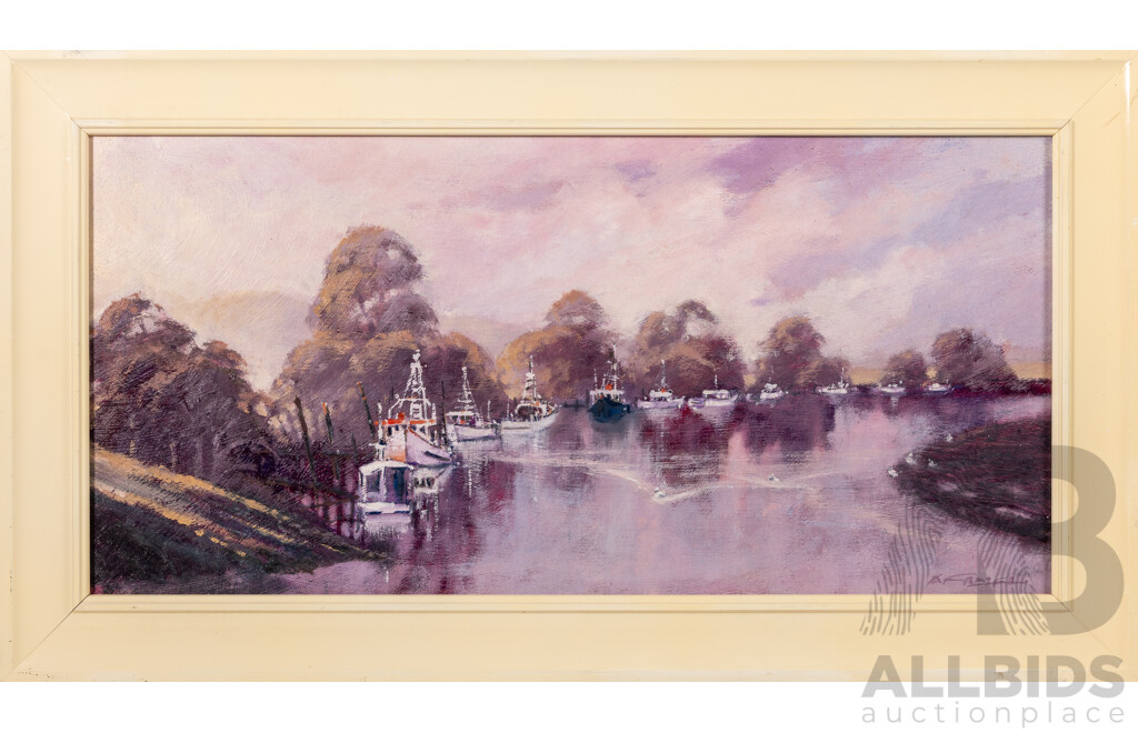 A. Frazer (20th Century). Moored Fishing Boats, Original Oil on Board, 39 x 40 cm (frame)