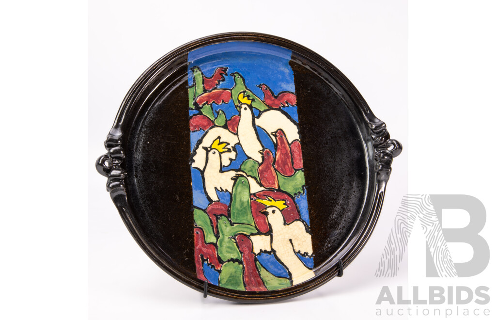 Black Stoneware Handled Dish Black Iron Glaze with Coloured Enamel Panel of Parrots to Centre