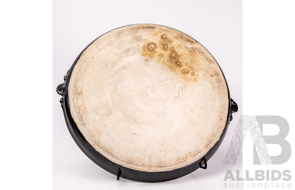 Black Stoneware Handled Dish Black Iron Glaze with Coloured Enamel Panel of Parrots to Centre