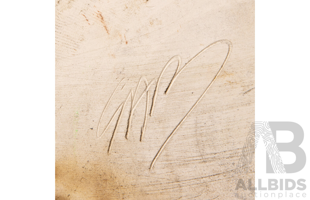 Black Stoneware Handled Dish Black Iron Glaze with Coloured Enamel Panel of Parrots to Centre