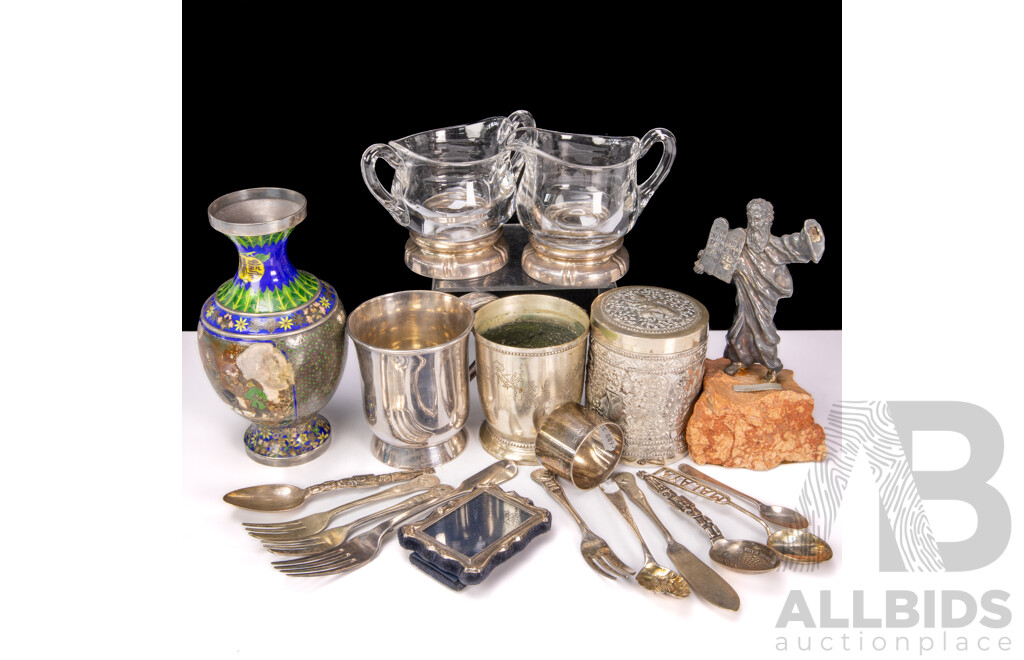 Qty Mixed Silver and Plate Including HMSS Frame; Serviette Ring; Spoons and Fork; Chinese Silver and Enamelled Vase (damaged) and More