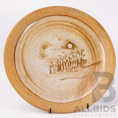 Large Stoneware Charger Brushed Iron and Ash Landscape Design to Centre. Large Stoneware Charger Brushed Iron and Ash Landscape Design to Centre.