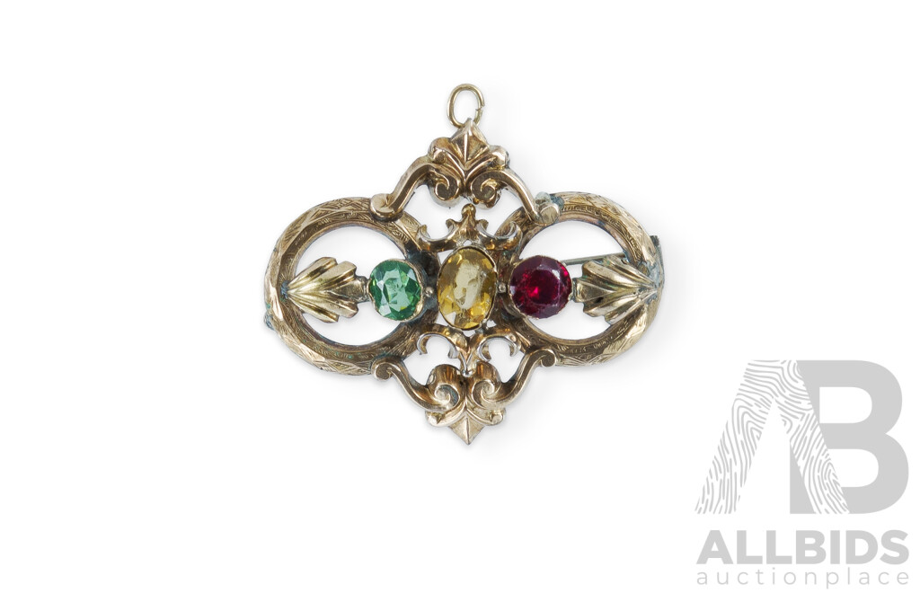 Ornate Rolled Gold Brooch with Coloured Stones and Etched Pattern