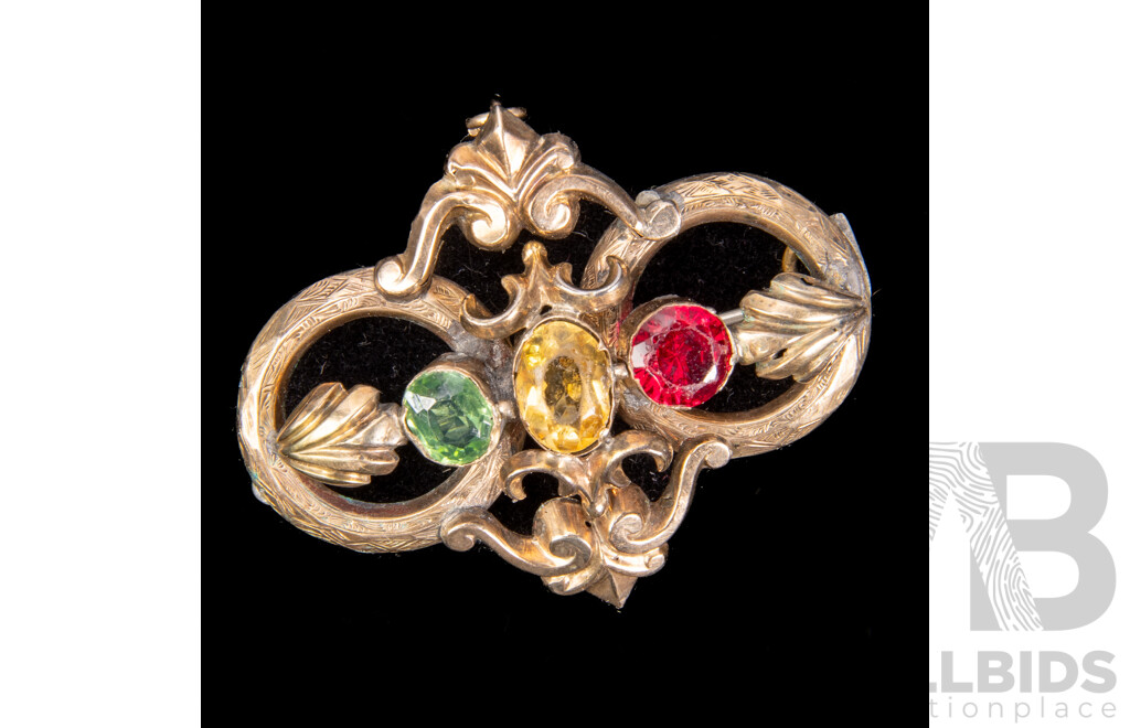 Ornate Rolled Gold Brooch with Coloured Stones and Etched Pattern