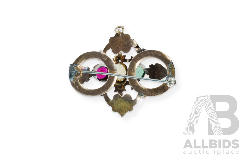 Ornate Rolled Gold Brooch with Coloured Stones and Etched Pattern