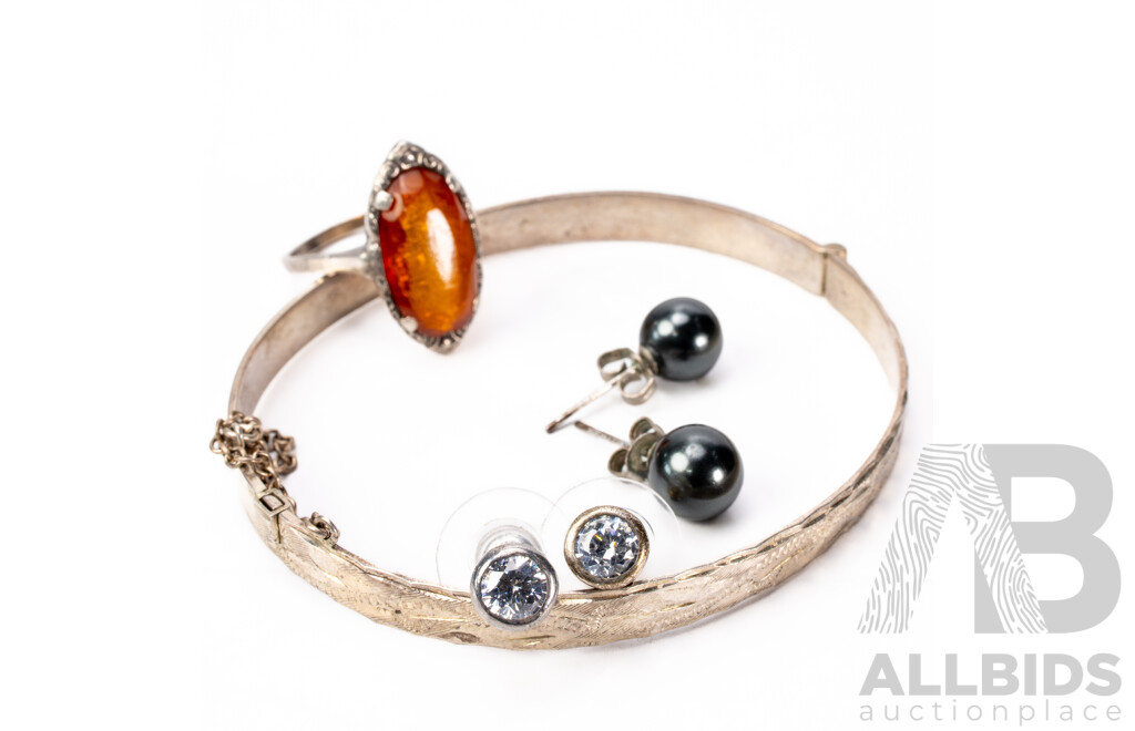 Various Silver Jewellery Including Hinged Bangle with Hallmark and Patent Number; Two Pairs Stud Earrings -  One Pearl, the Other with Cubic Zirconia; and Ring with Pseudo Amber
