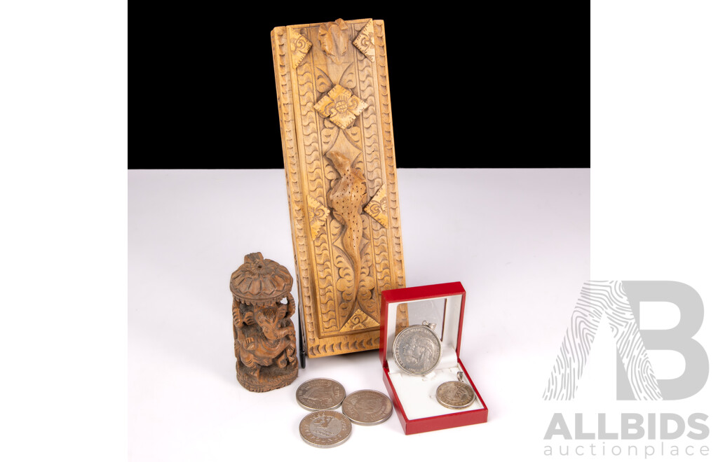 Various Coins and Other Items Includes 3 UK Five Pound Coins; 1981 Charles and Diana Coin Pendant; 1964 South Africa Coin Pendant, Boxed Set of Chopsticks, Carved Votive Figure of Ganesha (H10cm)