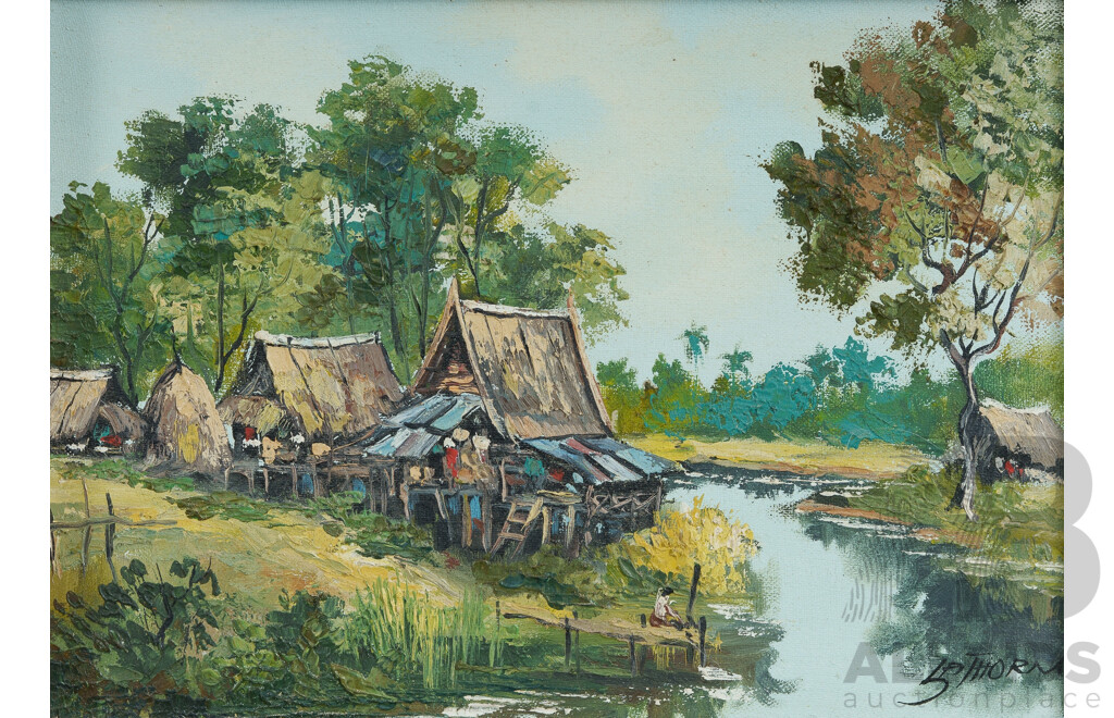 South East Asian School, 20th Century River Dwellings Oil on Canvas 