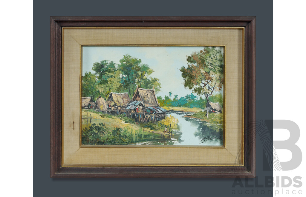 South East Asian School, 20th Century River Dwellings Oil on Canvas 