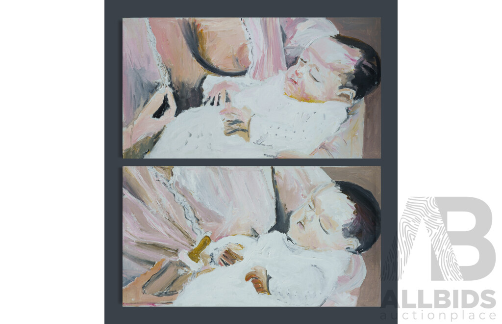 JOHNSON, Tim (b.1947) (2) 'Two Babies (Two Parts)' 1978. Acrylic on Canvas (2) 