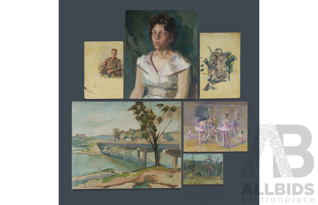 Joshua Smith, (20th Century, Australian, 1905-1995)  River (unfinished) (61x76cm); Portrait of Young Lady (61x51cm) and Four More, Collection of Six Wonderful Original Oil on Boards (6)