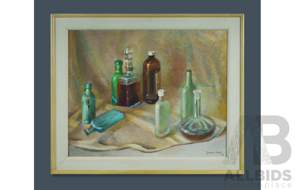 SMITH, Joshua (1905-1995) 'An Array of Bottles,' 1991. Oil on Canvas on Board 