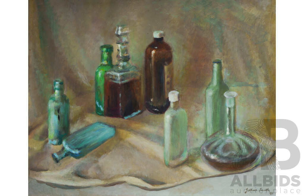 SMITH, Joshua (1905-1995) 'An Array of Bottles,' 1991. Oil on Canvas on Board 