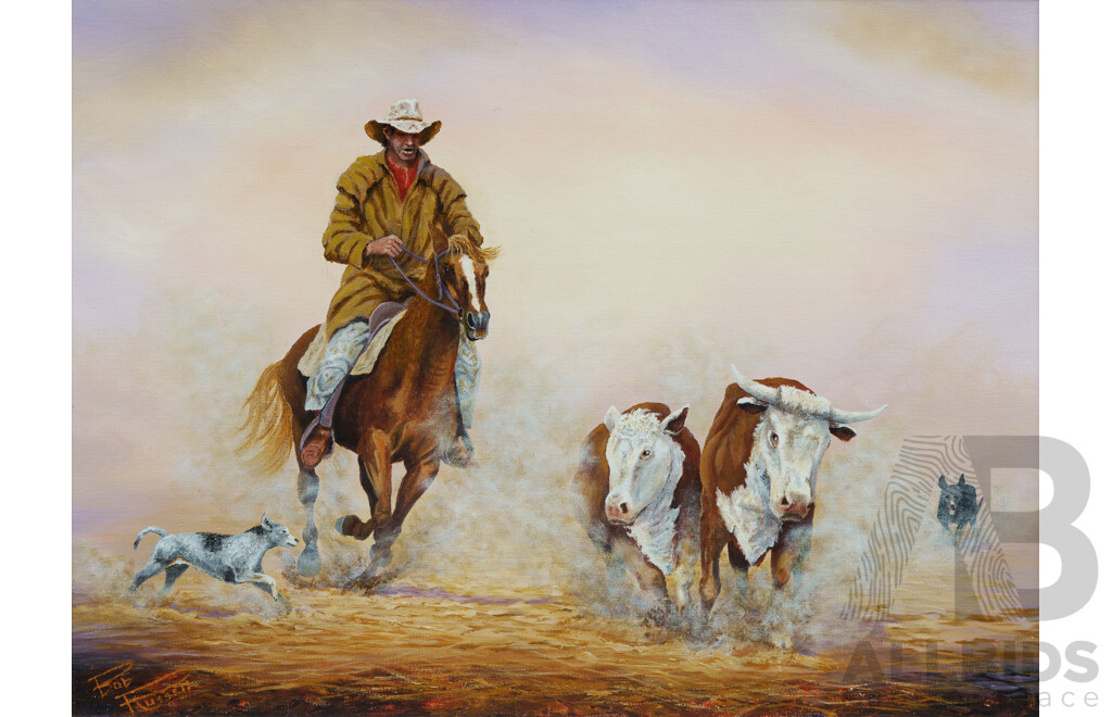 RUSSELL, Bob (1929-2007) Stockman on Horseback Herding Cattle Acrylic on Canvas Board 