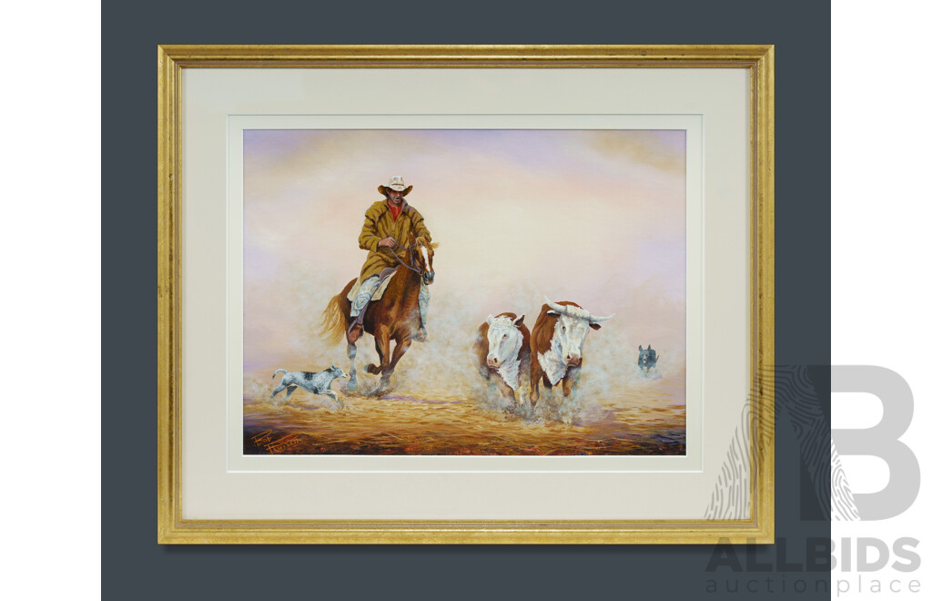 RUSSELL, Bob (1929-2007) Stockman on Horseback Herding Cattle Acrylic on Canvas Board 