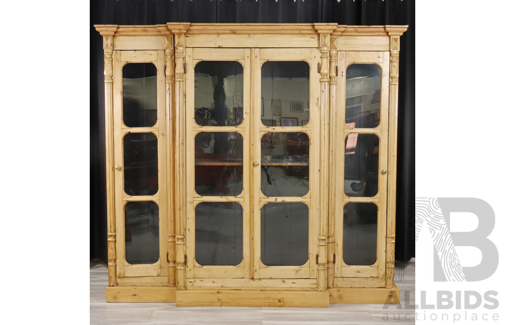 Baltic Pine Three Section Bookcase with Glazed Doors