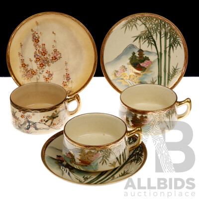 Collection Three Antique Japanese Satsuma Porcelain Tea Duos with Detailed Hand Painted Scenes