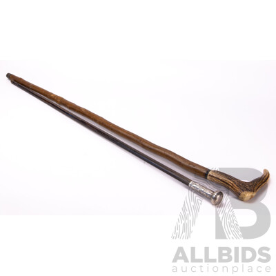 Two Vintage Walking Sticks Comprising Antler Handled Example & Wenge Wood Example with Sterling Silver Top
