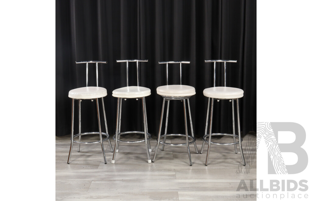 Set of Four Modern Chrome Based Barstool with White Leather Upholstery