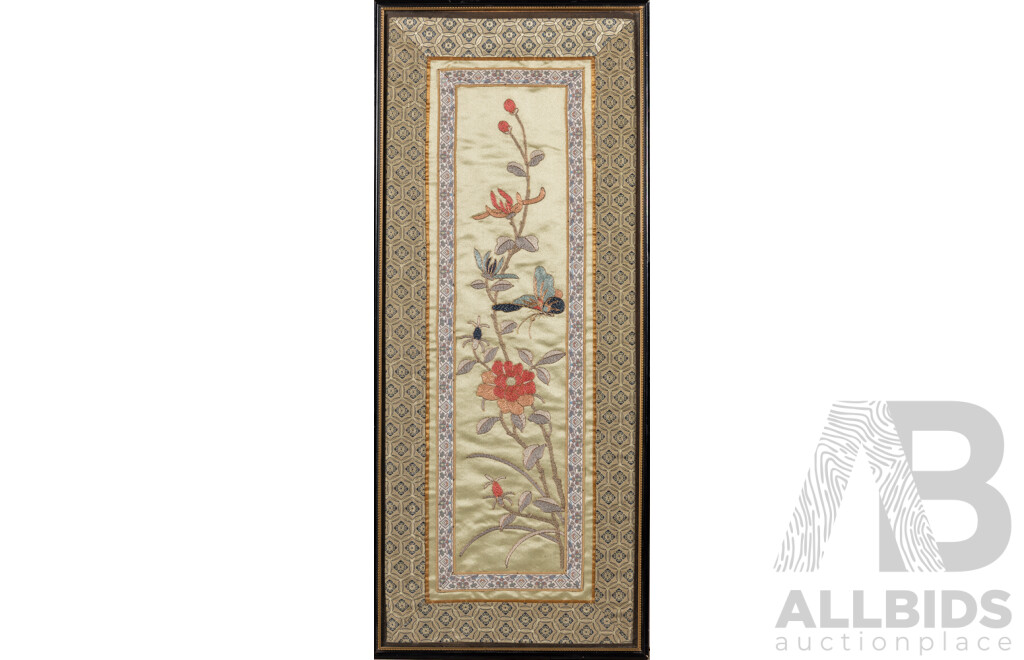 Artist Unknown (20th Century, Asian School), Butterfly and Blossoms, Lovely Vintage Silk Embroidery Panel, 61 x 26 cm (frame)