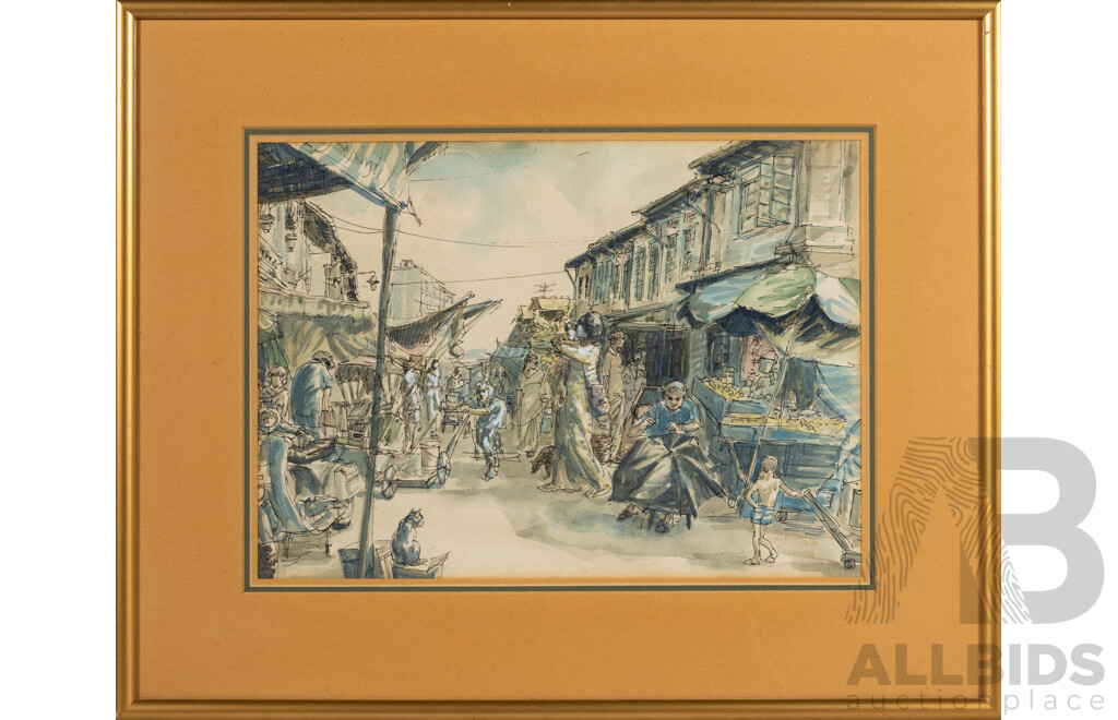 H.E.Lane (20th Century, Asian School), Singapore Street (1978), Original Ink & Watercolour, 44 x 54 cm (frame)
