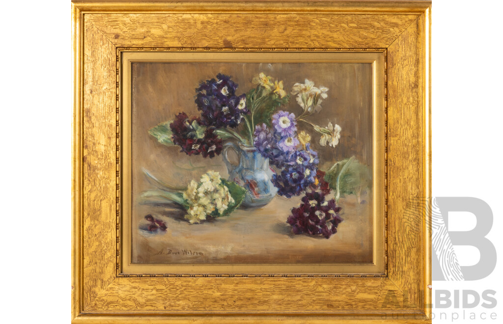 A. Dove Wilson, (19th Century, British), Still Life - Flowers in Vase, Beautiful Original Antique Oil on Canvas Cloth, 47 x 54 cm (frame)