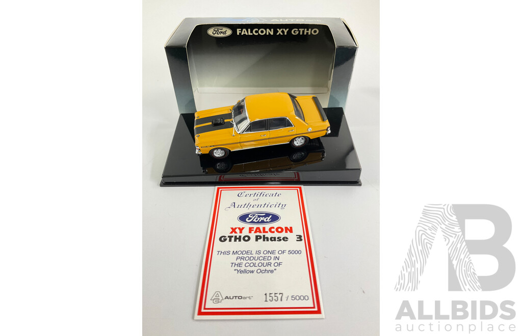 AUTOart Diecast 1971 XY Ford Falcon GTHO Phase Three, 5.8 Litre, Yellow Ochre - 1:43 Scale, COA Included