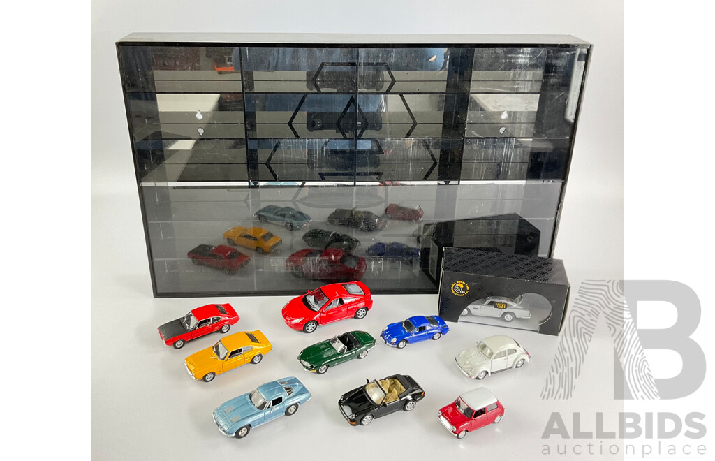 Model Car Display Case with Diecast Vehicles Including Ford Capri, Corvette, Mini, Porsche, Renault, Volkswagen, Jaguar