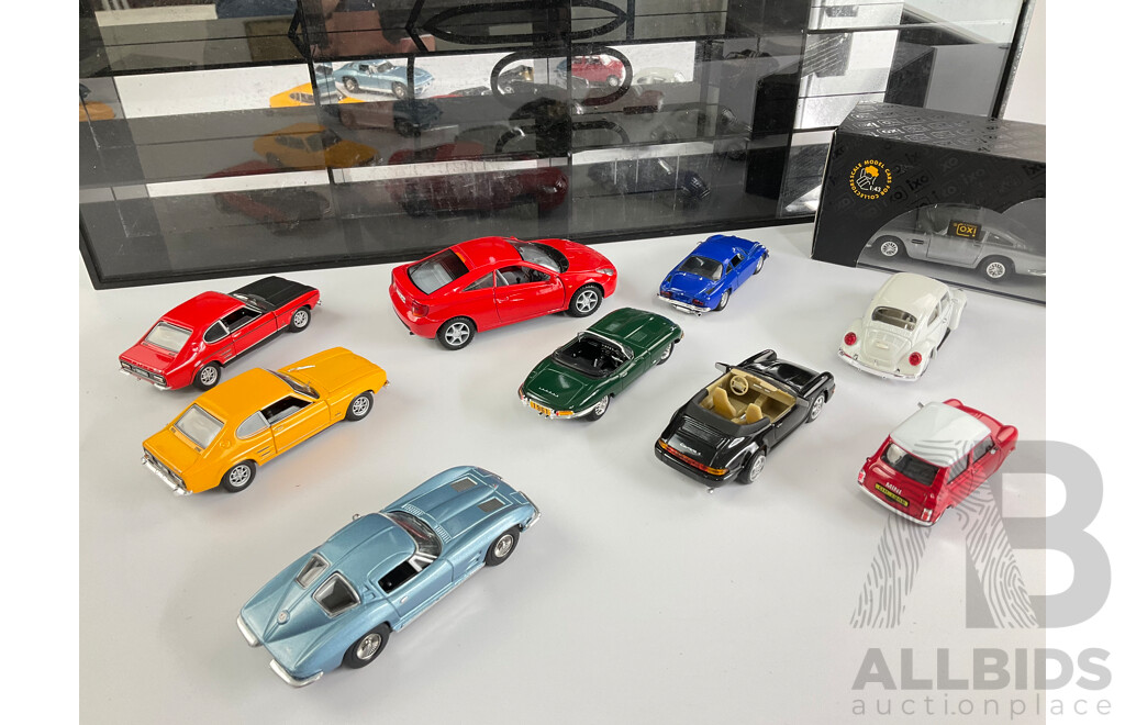 Model Car Display Case with Diecast Vehicles Including Ford Capri, Corvette, Mini, Porsche, Renault, Volkswagen, Jaguar