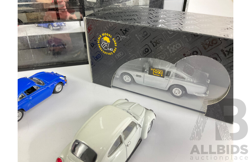 Model Car Display Case with Diecast Vehicles Including Ford Capri, Corvette, Mini, Porsche, Renault, Volkswagen, Jaguar