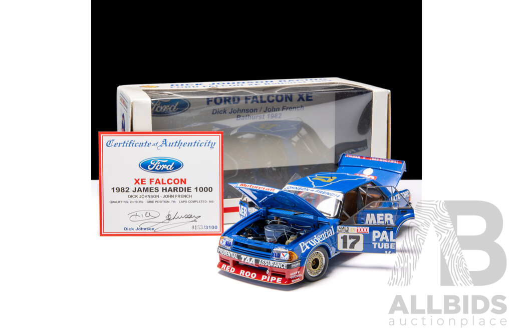 Biante 1982 Ford XE Falcon James Hardie 1000 Dick Johnson & John French #17 Blue 153/3100 1:18 Scale Model Car - Signed COA