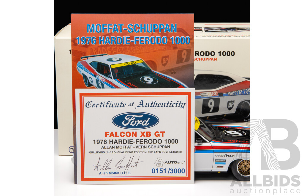 AUTOart 1976 Ford XB Falcon GT Coupe #9 Hardie Ferodo 1000 Allan Moffat & Vern Schuppan 151/3000 1:18 Scale Model Car - Signed COA Included