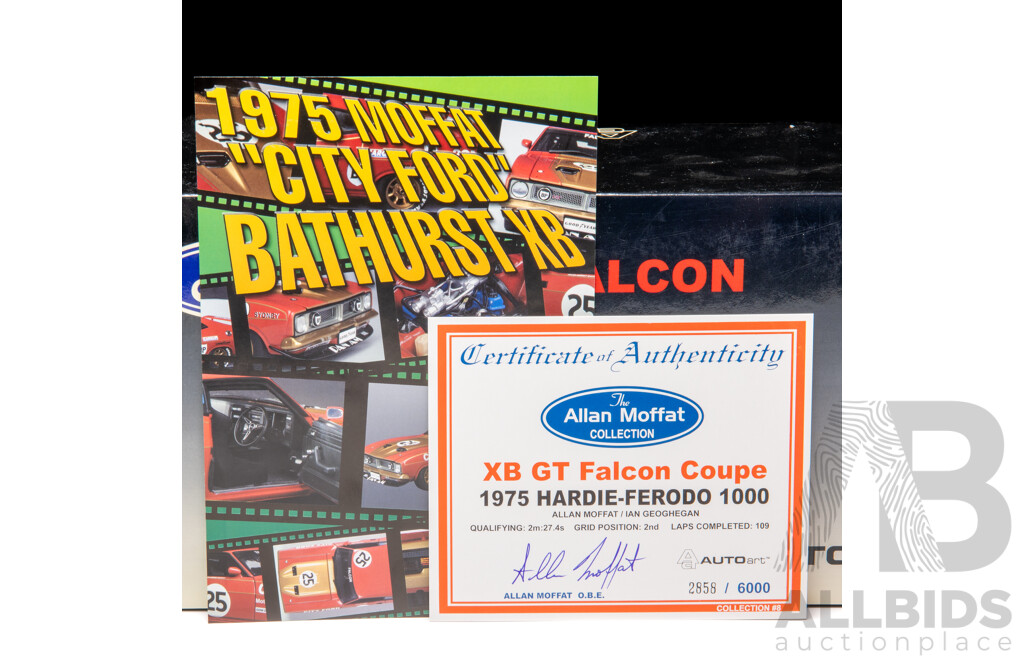 AUTOart 1975 Ford XB GT Falcon Coupe Hardie Ferodo 1000 2nd Place - Allan Moffat & Ian Geoghegan #25 Red 2858/6000 1:18 Scale Model Car - Signed COA