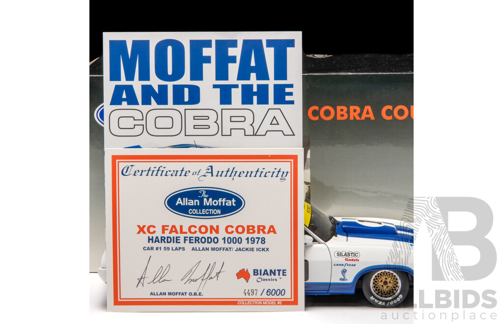AUTOart 1978 Ford XC Falcon Cobra Coupe Hardie Ferodo 1000 Allan Moffat & Jackie Ickx #1 White / Blue 4497/6000 1:18 Scale Model Car - Signed COA Included