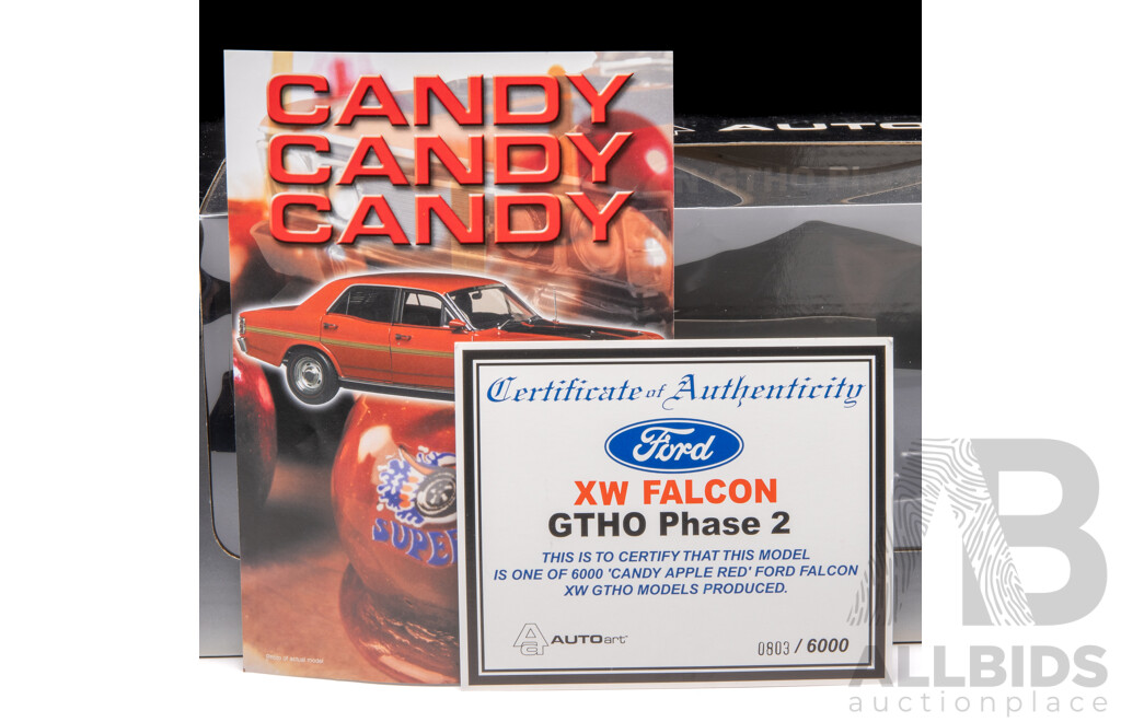 AUTOart Ford XW Falcon GTHO Phase 2 Candy Apple Red with Gold Stripe 1:18 Scale Model Car - COA Included