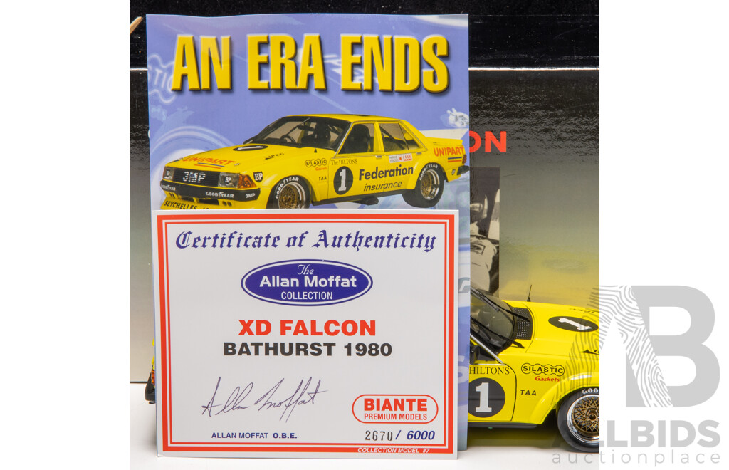 Biante 1980 Ford XD Falcon #1 Federation Yellow Allan Moffat 2670/6000 1:18 Scale Model Car - Signed COA Included
