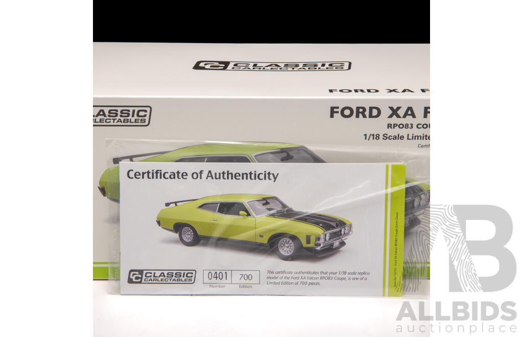 Classic Carlectables Ford XA Falcon RPO83 Coupe Lime Glaze W Black #401/700 1:18 Scale Model Car - COA Included