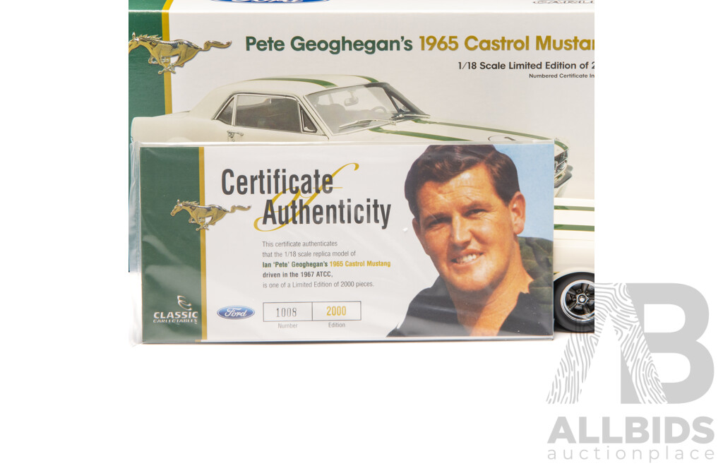 Classic Carlectables 1965 Ford Mustang #1 Castrol Pete Geoghegan 1008/2000 1:18 Scale Model Car - COA Included
