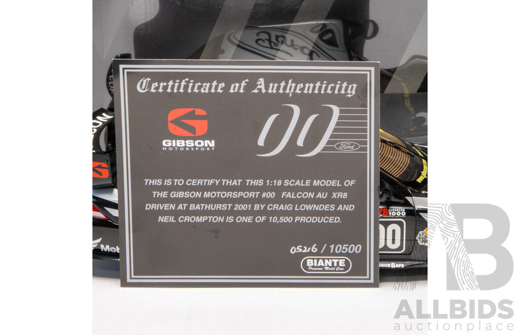 Biante 2001 Ford AU Falcon XR8 V8 Supercar Green Eye Monster Bathurst #00 Lowndes & Crompton 5216/10000 1:18 Scale Model Car - COA Included