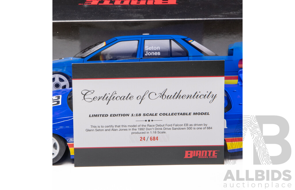Biante 1992 Ford EB Falcon Sandown 500 #30 Peter Jackson Livery Glenn Seton & Alan Jones 24/684 1:18 Scale Model Car - COA Included