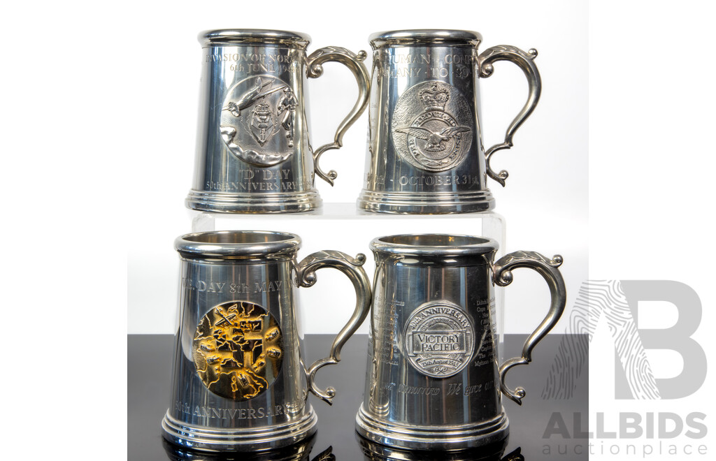 Set of Four Kirra Pewter Commemorative Tankards Including Battle of Britain, VE Day, VP Day and D-Day Editions