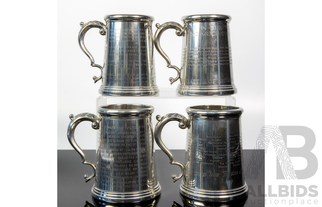 Set of Four Kirra Pewter Commemorative Tankards Including Battle of Britain, VE Day, VP Day and D-Day Editions