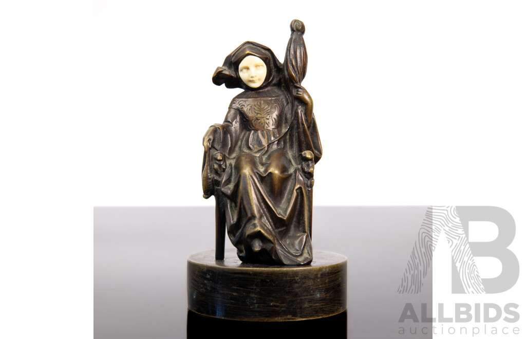 Fine Early 20th-Century Chryselephantine Bronze Figure with Carved Ivory Face, Marked with “U” Foundry Stamp, C.1900–1930
