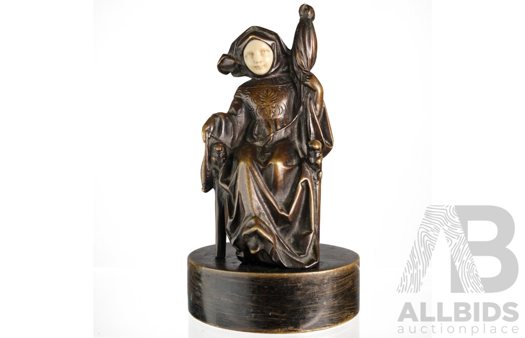 Fine Early 20th-Century Chryselephantine Bronze Figure with Carved Ivory Face, Marked with “U” Foundry Stamp, C.1900–1930
