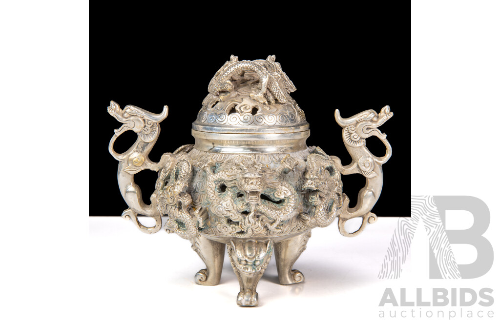 Antique Da Ming Xuande Period Ming Dynasty Silver Metal Footed Incense Burner Censer